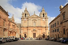 St. Paul's Cathedral in Mdina, designed by Lorenzo Gafa and built between 1696 and 1705 Malta - Mdina - Pjazza San Pawl + St. Paul's Cathedral ex 01 ies.jpg