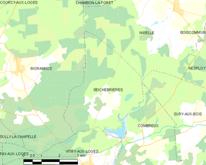 Carte de la commune de Seichebrières et des communes limitrophes.