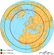 The operational range of an A400M with 20-tonne (44,000 lb) and 30-tonne (66,000 lb) payloads, flown from Paris, France Map with distance circles to paris.svg