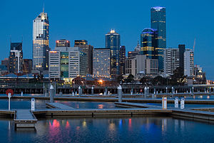 Melbourne's CBD in 2005 from Docklands at twil...