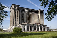 The historic, once abandoned Michigan Central Station was purchased by Ford Motor Company in May 2018 and is expected to undergo a significant four-year renovation. Michigan Central Train Station Exterior 2010.jpg