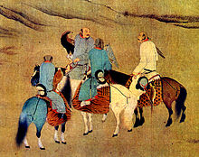 Khitan hunters on horseback with one rider holding an eagle