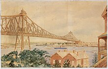 Watercolour drawing of the bridge design looking South East from North Sydney towards Circular Quay, with houses in the foreground and a steamship passing under the main span of the iron-lattice bridge with two pylons to illustrate the large scale.