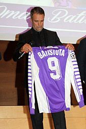 Gabriel Batistuta holding his old number 9 Fiorentina jersey. The number most associated with the position, he was an out and out striker. Omar Batistuta.jpg