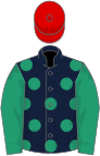 Dark blue, emerald green spots and sleeves, red cap