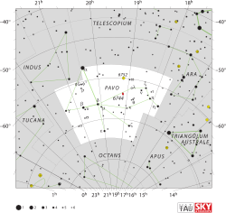 Diagram showing star positions and boundaries of the Pavo constellation and its surroundings