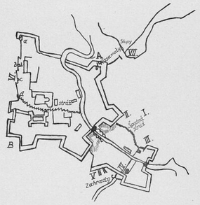 Plán pevnosti Vyšehrad s opevněním a strážemi pořízený J. V. Fričem