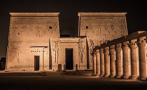 First pylon and colonnade of the Temple of Isis at Philae Philae temple at night.jpg