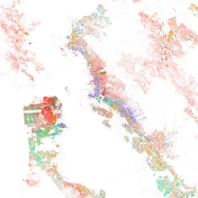 Map of racial distribution in San Francisco Bay Area, 2010 U.S. Census. Each dot is 25 people:
.mw-parser-output .legend{page-break-inside:avoid;break-inside:avoid-column}.mw-parser-output .legend-color{display:inline-block;min-width:1.25em;height:1.25em;line-height:1.25;margin:1px 0;text-align:center;border:1px solid black;background-color:transparent;color:black}.mw-parser-output .legend-text{}
 White
 Black
 Asian
 Hispanic
 Other Race and ethnicity 2010- San Francisco, Oakland, Berkeley (5560477152).png