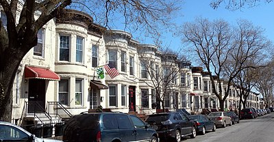 A residential block of rowhouses in Sunset Park