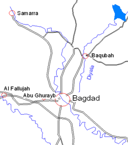 Map showing Baqubah north of Baghdad