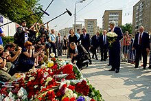 U.S. Secretary of State John Kerry and Russian Foreign Minister Sergey Lavrov lay flowers near French embassy in Moscow, 15 July 2016 John Kerry Watches on as Sergey Lavrov Lays a Bouquet of Flowers at a Memorial in Moscow.jpg