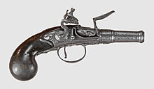 A flintlock muff pistol with unscrewable barrel: the 18th century precursor to the caplock deringer Toby version of a Queen Anne flintlock pistol.jpg