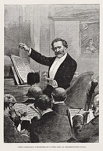 Giuseppe Verdi dirigeant l'Opéra de Paris pour l'interprétation d'Aida au Palais Garnier, le 22 mars 1880 (par Adrien Marie). (définition réelle 2 827 × 4 157)