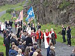 Esetrother community of the Islenska Asatruarfelagid (Icelandic Esetroth Fellowship) preparing for a Thingblot at Thingvellir. Thingblot 2009.jpg