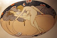 A 1925 Gerda Wegener painting, "Les delassements d'Eros" ("The recreations of Eros"), of two women engaged in sexual activity in bed 1925 Wegener Les Delassements dEros 09 anagoria.JPG