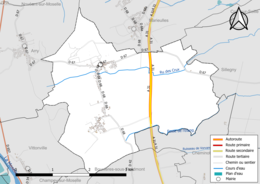 Carte en couleur présentant le réseau hydrographique de la commune