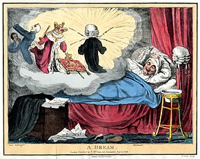 A painting depicting Daniel O'Connell dreaming of a confrontation with George IV, shown inside a thought bubble A dream (BM 1868,0808.9057).jpg