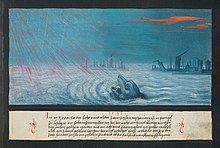 A depiction of the 1531 Lisbon earthquake in the Augsburg Book of Miracles, c. 1550s Augsburger Wunderzeichenbuch -- Folio 119.jpg