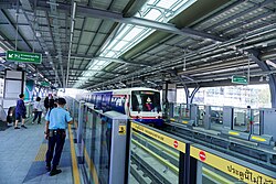 BTS Skytrain approaching platform of Sena Nikhom BTS Station (Sena Nikhom side)