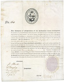 Aktie der Company of Proprietors of the Basingstoke Canal Navigation über 100 £, ausgegeben am 7. November 1791, gedruckt auf Pergament. Mit dem Ende des Kanalfiebers stürzten diese 100 £-Aktien im Jahre 1800 auf 30 £ und 1834 auf 5 £.