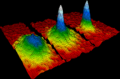 Image 33The first Bose-Einstein condensate observed in a gas of ultracold rubidium atoms. The blue and white areas represent higher density. (from Condensed matter physics)