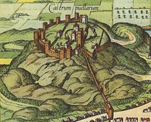 A late-16th-century depiction of the castle, from Braun & Hogenberg's Civitates orbis terrarum, showing David's Tower at the centre Braun & Hogenberg 'Castrum Puellarum' (Edinburgh Castle) c.1581.jpg