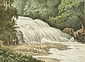 Pemandangan Air Terjun Bantimurung, merupakan hulu Sungai Bantimurung antara tahun 1883 dan 1889 (litografi berdasarkan lukisan oleh Josias Cornelis Rappard).