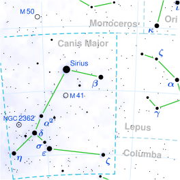 Die ligging van Epsilon Canis Majoris (in die rooi sirkel).