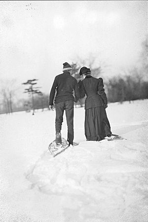 Couple snowshoeing, Toronto, Canada