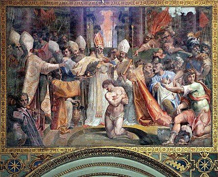 Papst Sylvester tauft Konstantin, Fresko von Cristoforo Roncalli in San Giovanni in Laterano, Rom (1600)