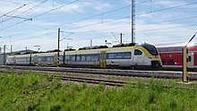 Operating in Germany, Siemens Mireo Plus B battery-overhead wire trains, with a range of 80 km on battery only operation. DB BR 463 001 Velim.jpg