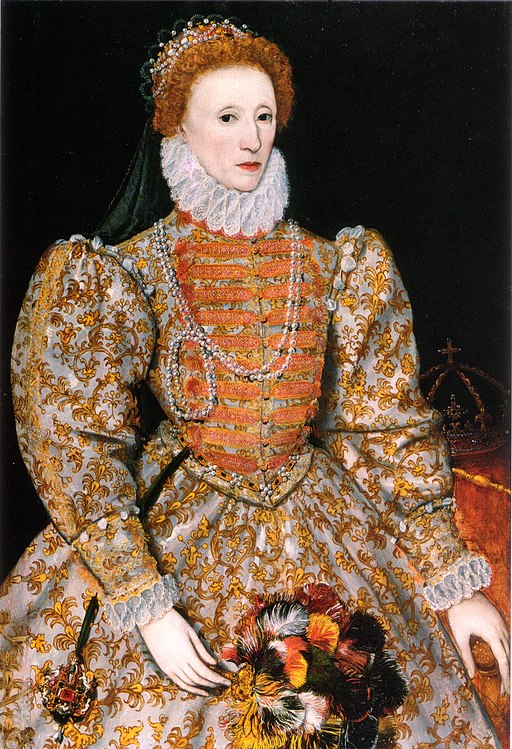 Full-length portrait of Queen Elizabeth in her early 40s. She has red hair, reasonable skin, in addition to wears the crown together with a pearl necklace.