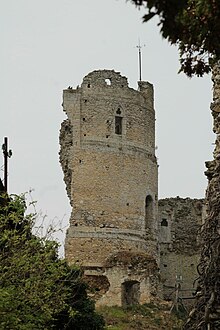 Photographie du donjon de Châteauneuf-sur-Epte. Le côté gauche est manquant. On distingue plusieurs ouvertures ainsi qu'une partie de la muraille.