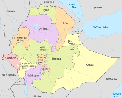 The regions and chartered cities of Ethiopia, numbered alphabetically.