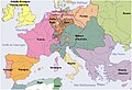 Carte suisse de l'Europe en 1800, occultant complètement l'existence des principautés roumaines, figurées comme de simples provinces turques, tandis que d'autres États vassaux de l'Empire ottoman, comme la Tunisie ou l'Algérie, apparaissent comme indépendants[80].