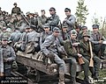 Финские солдаты и немецкие добровольцы Войск СС на железнодорожной телеге в Киестинки (Карелия), 22 августа 1941 г.