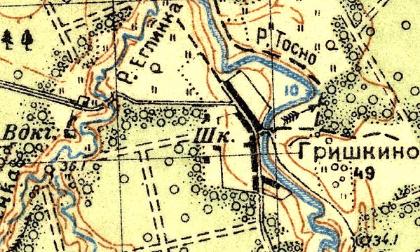 Деревня Гришкино на карте 1937 года.