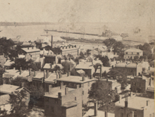 New Haven's harbor and long wharf as seen from Depot Tower, c. 1849 Harbor and long Wharf, from Depot Tower, New Haven, by Whitney, Beckwith & Paradice.png