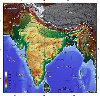 English: topographic map of India