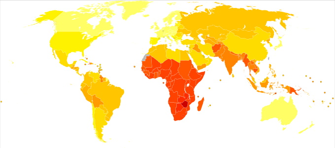 Charge de morbidité des maladies infectieuses, dans le monde en 2004, mesuré en années de vie corrigées de l'incapacité (AVCI).