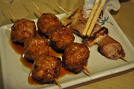 Left to right: Tsukune; negi (scallion) and butabara (pork belly)