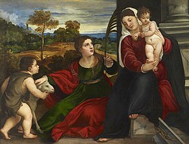 Le Titien, La Vierge, l'Enfant, Sainte Agnès et Saint Jean Baptiste, milieu du XVIe siècle.