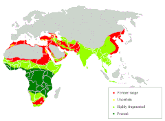 Mapa de distribuição do leopardo: original (vermelho); presente (verde), altamente fragmentado(verde claro), incerto (amarelo).