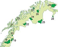 Sjunkhatten nationalpark - Kort over nationalparker i Nord-Norge.  Denne er nr 26 på kortet