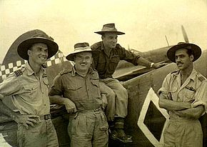 Three-quarter informal portrait of four men in military uniforms with slouch hats in front of a military aircraft