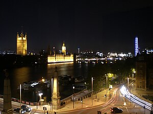 British Parliament and London Eye at night