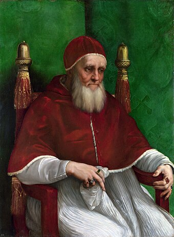 „Papež válečník“ Julius II. vedl bojovnou politiku a inicioval vznik Švýcarské gardy či stropní výzdobu Sixtinské kaple (Raphael, 1511–12, National Gallery)