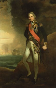 Painting of a standing military leader, with his empty right sleeve pinned to his coat