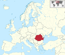 Carte administrative de l'Europe, montrant la Roumanie en rouge.